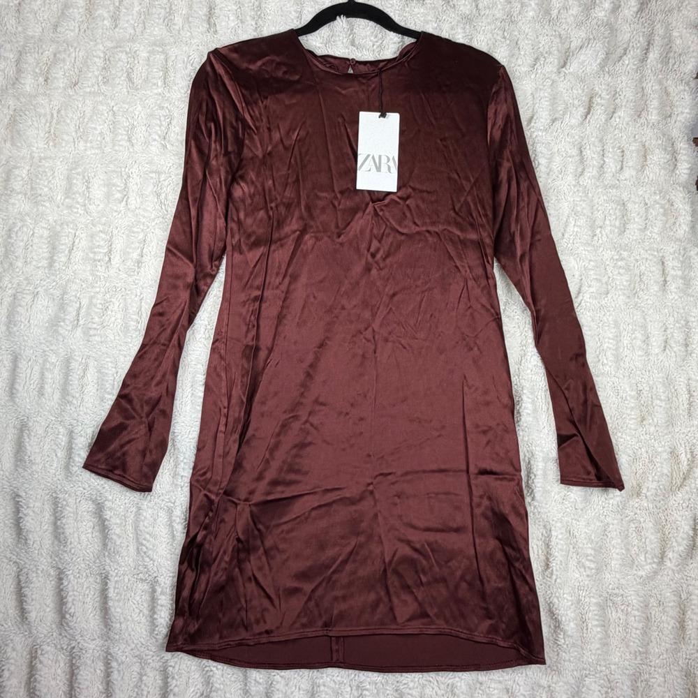 Zara Burgundy Satin Long Sleeve Mini Dress Brown NWT Size M
